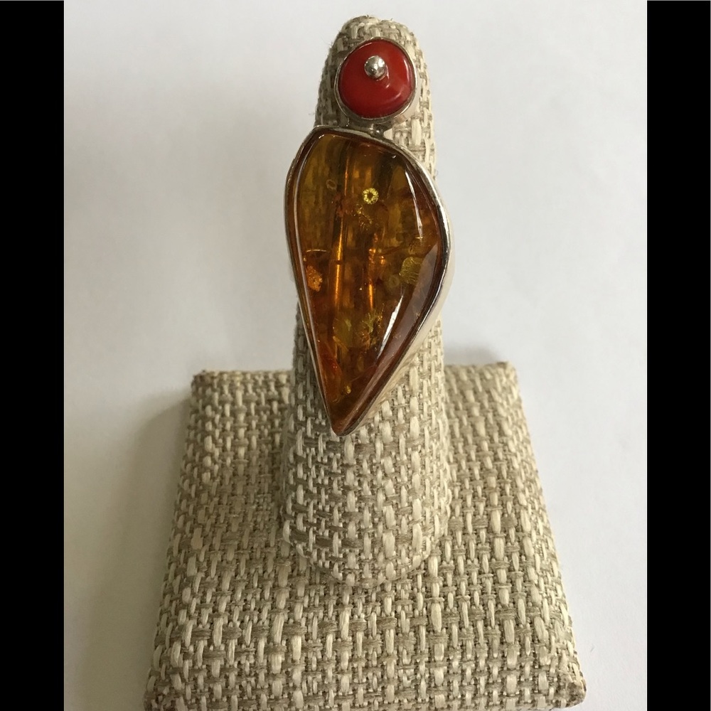 Vintage Huge Amber Red Coral Artisan Ring Sz 7